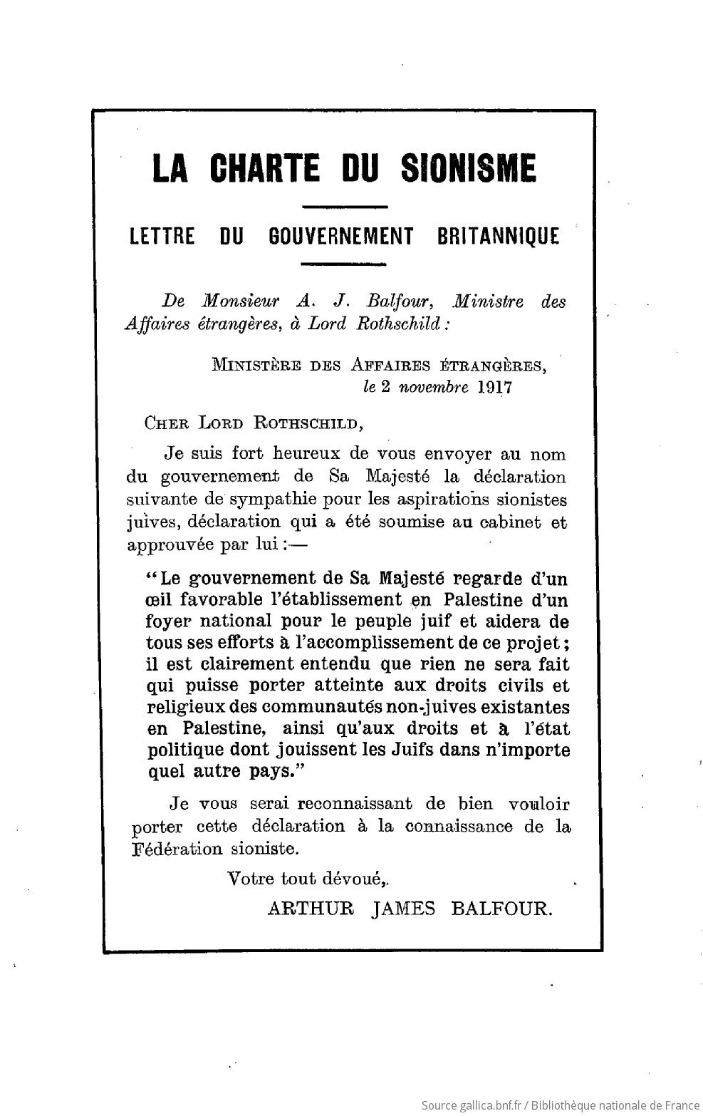 Délcaration Balfour du 2 novembre 1917